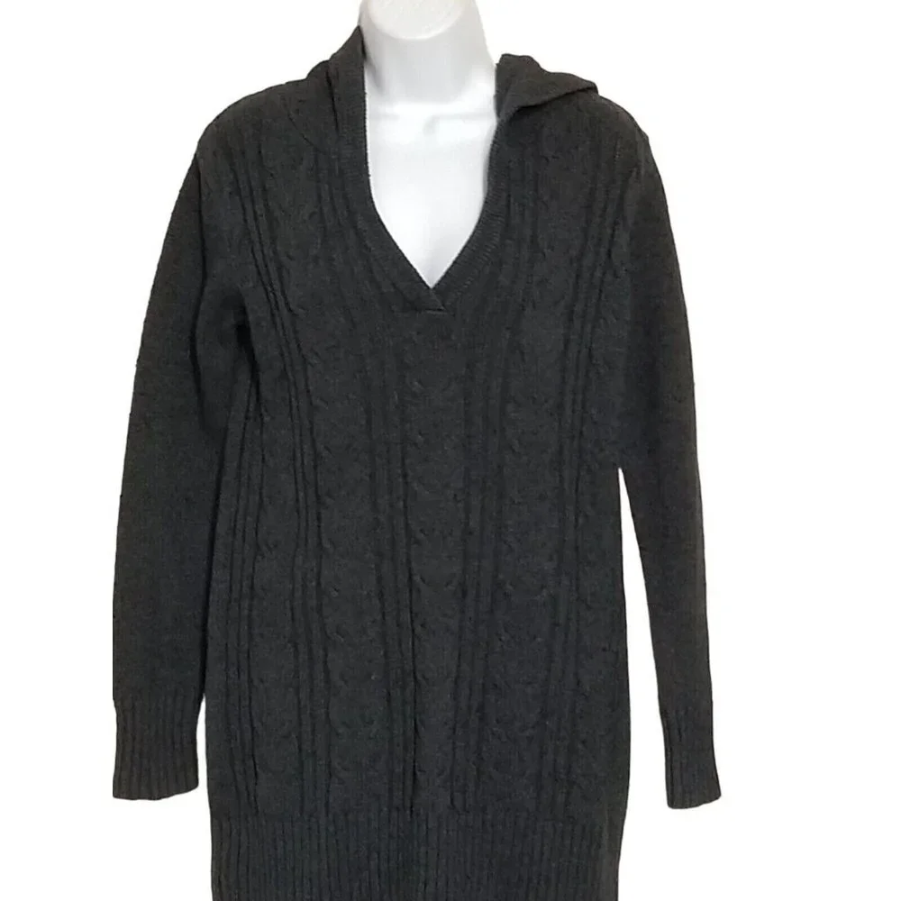 Hoodie Sweater Womens M Lamb Blend Long Sleeve Slub Cable Knit Charcoal - Picture 2 of 14